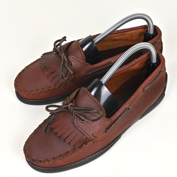 Minnetonka Kilty Leather Moosehide Tassel Stitched Red Moccasins Loafers US7 UK5 - Picture 1 of 16